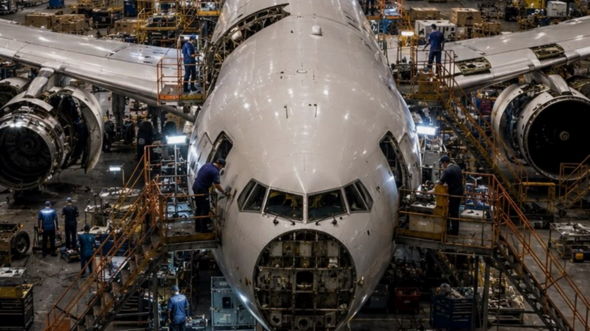 Commercial aircraft in final assembly with technicians on scaffolding — illustrative aerospace manufacturing image