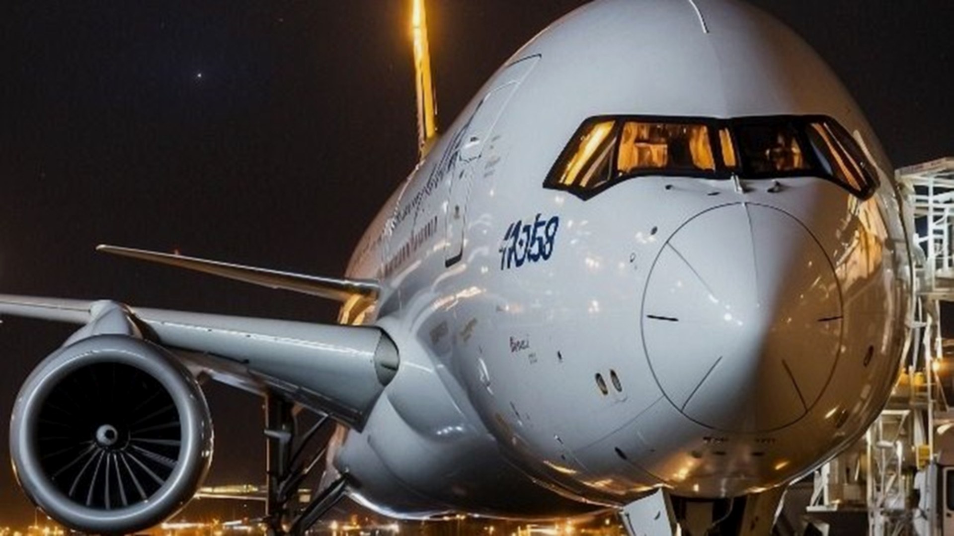 Commercial airliner on the ramp at night — illustrative aviation image