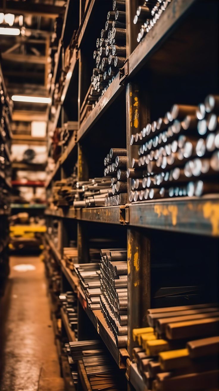 Shelves of metal bar stock in a manufacturing facility